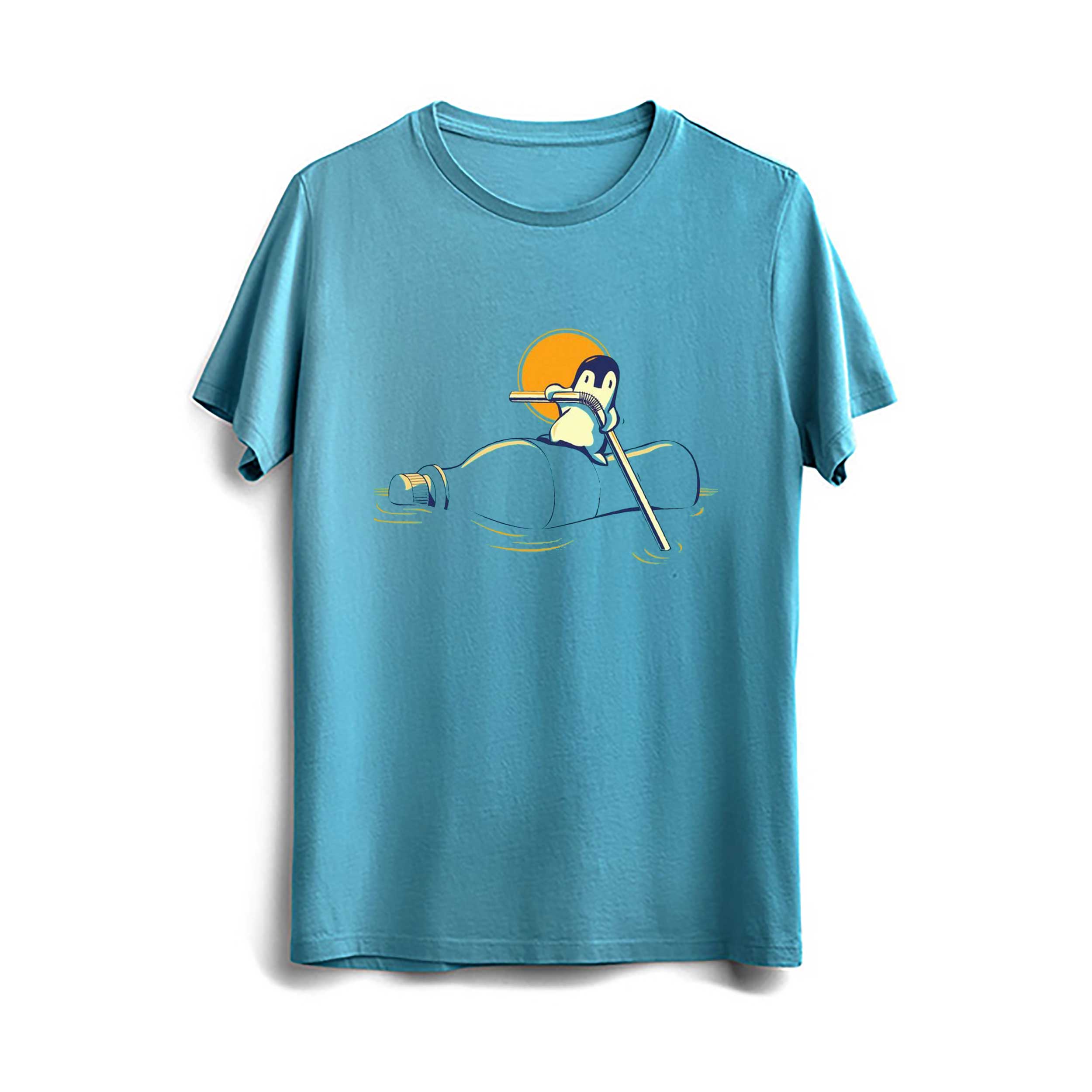 تیشرت آبی فیروزه ای مردانه و زنانه طرح تاثیر مخرب پلاستیک بر زندگی حیوانات